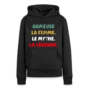 La femme le mythe la légende gameuse - Sweat à capuche Premium bio Femme - noir - Devant - Julia (174cm)