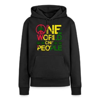 REGGAE, MARLEY, RASTA, RASTAFARI, UN MONDE - Sweat à capuche Premium bio Femme - noir - Devant - Julia (174cm)