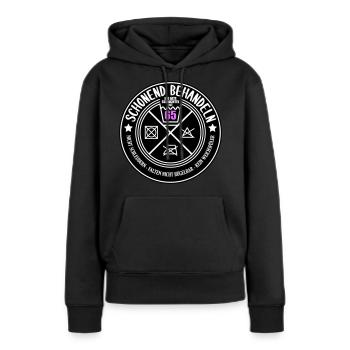 Schonend behandeln Schachtel 65 | Farben änderbar - Frauen Premium Bio Hoodie - Schwarz - Vorne - Julia (174cm)