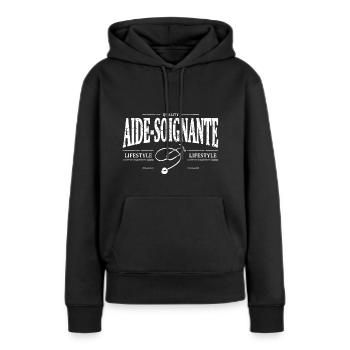 Aide Soignante - Sweat à capuche Premium bio Femme - noir - Devant - Julia (174cm)