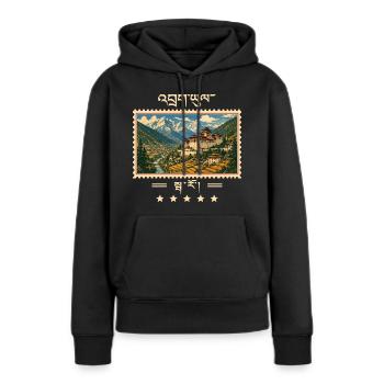Marque de voyage vintage Bhoutan Paro - Sweat à capuche Premium bio Femme - noir - Devant - Julia (174cm)