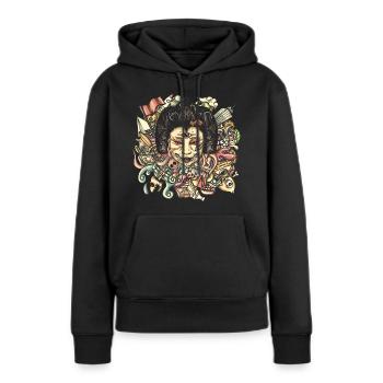 Gueisha Doodle Flat - Frauen Premium Bio Hoodie - Schwarz - Vorne - Julia (174cm)