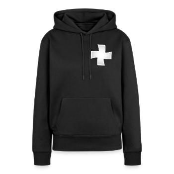 Silbernes verwirbeltes Kreuz - Frauen Premium Bio Hoodie - Schwarz - Vorne - Julia (174cm)