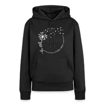 Christlicher Löwenzahn Design sei still Psalm 46:10 - Frauen Premium Bio Hoodie - Schwarz - Vorne - Julia (174cm)