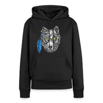 Loup gris avec des yeux et une boucle d’oreille jaunes - Sweat à capuche Premium bio Femme - noir - Devant - Julia (174cm)