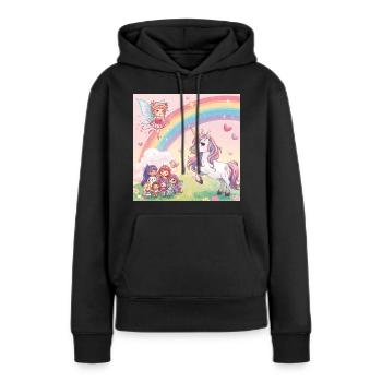 Regenbogenfee und Einhorn Traum - Frauen Premium Bio Hoodie - Schwarz - Vorne - Julia (174cm)