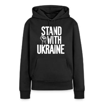 Solidarité avec l’Ukraine - Sweat à capuche Premium bio Femme - noir - Devant - Julia (174cm)