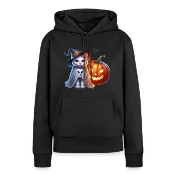 Katze mit Hexen Hut Kuerbis Halloween - Frauen Premium Bio Hoodie - Schwarz - Vorne - Julia (174cm)