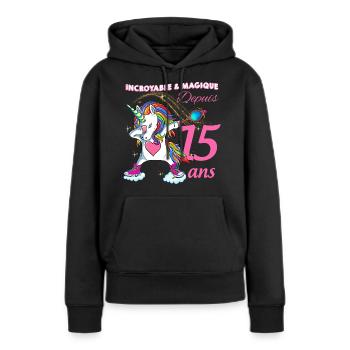 Anniversaire 15 ans Humour Licorne dab Magique - Sweat à capuche Premium bio Femme - noir - Devant - Julia (174cm)
