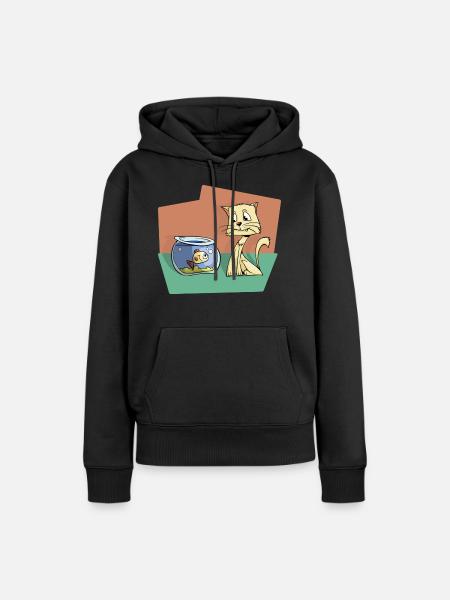 Katze mit Fisch - Frauen Premium Bio Hoodie - Schwarz