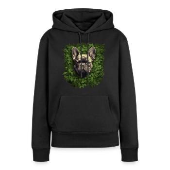 Bouledogue français regardant hors des buissons - Sweat à capuche Premium bio Femme - noir - Devant - Julia (174cm)