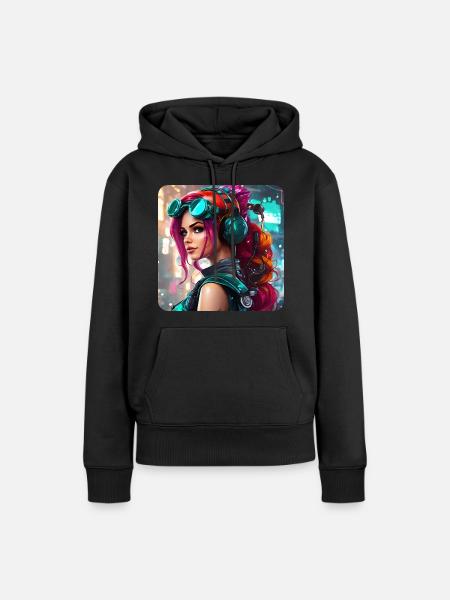 Cooles Cyberpunk Girl mit Kopfhörer - Frauen Premium Bio Hoodie - Schwarz