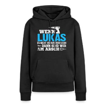 LUKAS - kann es reparieren - Frauen Premium Bio Hoodie - Schwarz - Vorne - Julia (174cm)