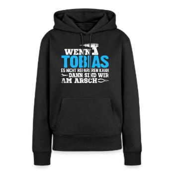 TOBIAS - kann es reparieren - Frauen Premium Bio Hoodie - Schwarz - Vorne - Julia (174cm)