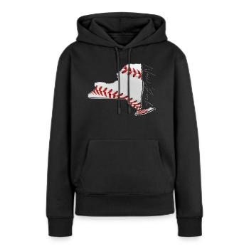 New York (États-Unis) | Vrai baseball | Carte Scpt - Sweat à capuche Premium bio Femme - noir - Devant - Julia (174cm)