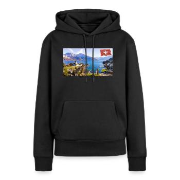 Spiez, Schweiz. - Frauen Premium Bio Hoodie - Schwarz - Vorne - Julia (174cm)