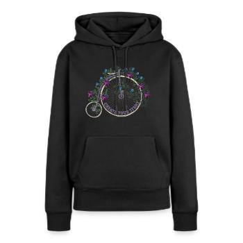 Create your Story 🌸 Retro Fahrrad Blumen Spruch - Frauen Premium Bio Hoodie - Schwarz - Vorne - Julia (174cm)