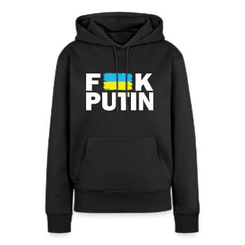 Soutenir l’Ukraine | Fuck Poutine - Sweat à capuche Premium bio Femme - noir - Devant - Julia (174cm)