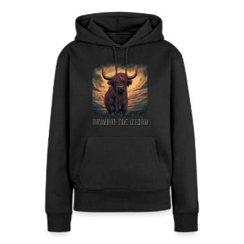 Bravant la tempête Highland Cow - Sweat à capuche Premium bio Femme - noir - Devant - Julia (174cm)