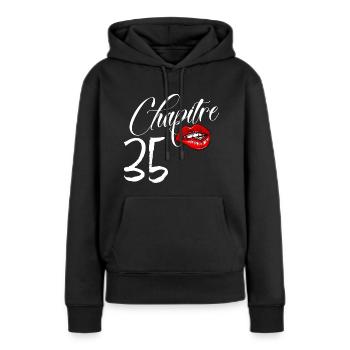 Anniversaire 35 ans Femme chapitre 35 Glamour - Sweat à capuche Premium bio Femme - noir - Devant - Julia (174cm)