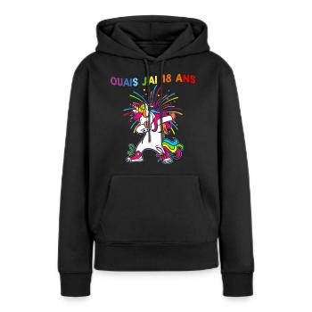 Licorne Ouais J'Ai 18 Ans Humour Anniversaire 18 - Sweat à capuche Premium bio Femme - noir - Devant - Julia (174cm)