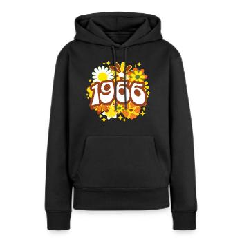 Hippi 60 Ans Femme Anniversaire 1966 - Sweat à capuche Premium bio Femme - noir - Devant - Julia (174cm)