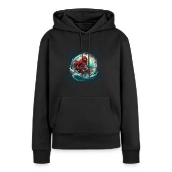 Le Petit Chaperon Rouge surfant sur planche de surf, loup sur vague - Sweat à capuche Premium bio Femme - noir - Devant - Julia (174cm)
