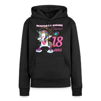 Incroyable et Magique Depuis 18 ans Licorne - Sweat à capuche Premium bio Femme - noir - Devant - Julia (174cm)