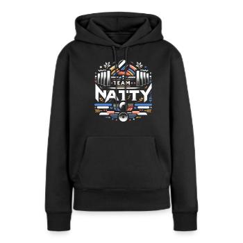 L’équipe Natty 7 - Sweat à capuche Premium bio Femme - noir - Devant - Julia (174cm)