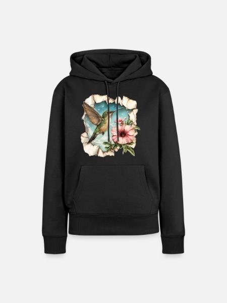 Kolibri mit Blüte - Frauen Premium Bio Hoodie - Schwarz