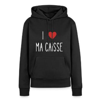 i love ma caisse - Sweat à capuche Premium bio Femme - noir - Devant - Julia (174cm)