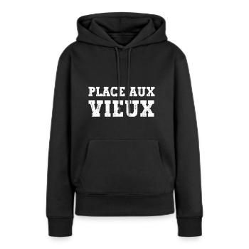 place aux vieux - Sweat à capuche Premium bio Femme - noir - Devant - Julia (174cm)