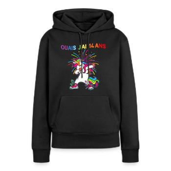 Licorne Ouais J'Ai 14 Ans Humour Anniversaire 14 - Sweat à capuche Premium bio Femme - noir - Devant - Julia (174cm)