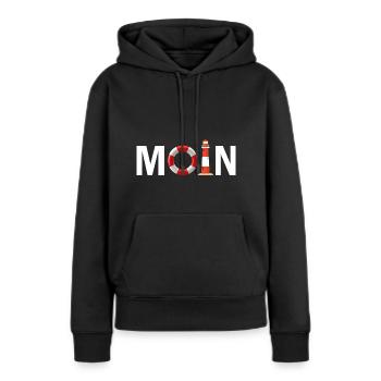 Moin mit dem Rettungsring und dem Leuchtturm Moin - Frauen Premium Bio Hoodie - Schwarz - Vorne - Julia (174cm)