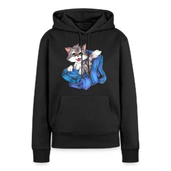 Niedliche Katze in Schulranzen Rucksack Schule - Frauen Premium Bio Hoodie - Schwarz - Vorne - Julia (174cm)