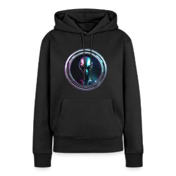ALIEN // Metallische Plakette eines Außerirdischen - Frauen Premium Bio Hoodie - Schwarz - Vorne - Julia (174cm)