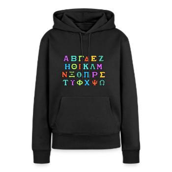 Alphabet grec - Sweat à capuche Premium bio Femme - noir - Devant - Julia (174cm)