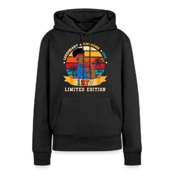 Anniversaire Femme Forte 1977 Vintage - Sweat à capuche Premium bio Femme - noir - Devant - Julia (174cm)