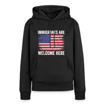 Les immigrants sont les bienvenus Les amoureux de l’immigration - Sweat à capuche Premium bio Femme - noir - Devant - Julia (174cm)