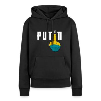 Fuck Poutine | Soutenir l’Ukraine - Sweat à capuche Premium bio Femme - noir - Devant - Julia (174cm)