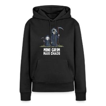 Kleiner Grim – Der Sensenmann des Chaos - Frauen Premium Bio Hoodie - Schwarz - Vorne - Julia (174cm)