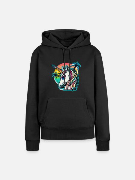 Regenbogen Hipster Einhorn mit Sonnenbrille - Frauen Premium Bio Hoodie - Schwarz