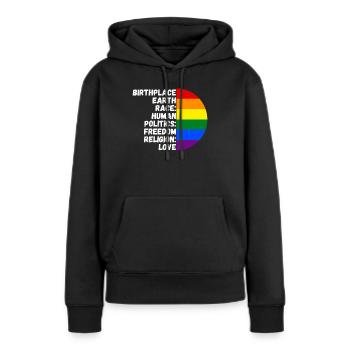 Lieu de naissance Religion Amour Liberté Vie Personnes - Sweat à capuche Premium bio Femme - noir - Devant - Julia (174cm)