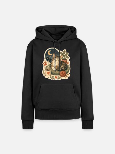Gemütliche Katze Kaffee Garn - Frauen Premium Bio Hoodie - Schwarz