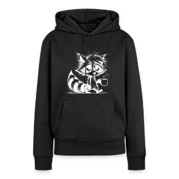 Verschlafener müder Waschbär mit Kaffeetasse - Frauen Premium Bio Hoodie - Schwarz - Vorne - Julia (174cm)