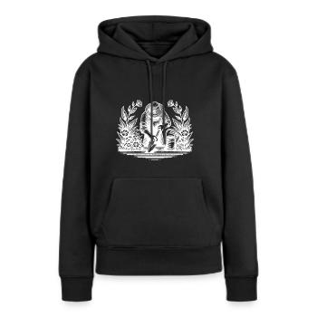 Hobbygärtner beim gärtnern im Blumenbeet - Frauen Premium Bio Hoodie - Schwarz - Vorne - Julia (174cm)