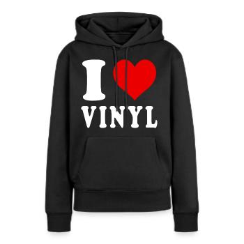 J’aime le vinyle coeur drôle spirituel - Sweat à capuche Premium bio Femme - noir - Devant - Julia (174cm)