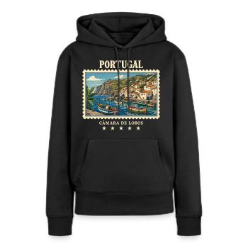 Portugal Câmara de Lobos Vintage Reisemarke - Frauen Premium Bio Hoodie - Schwarz - Vorne - Julia (174cm)