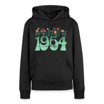 Motif Fleurs 1964 Fête Anniversaire Femme 60 Ans - Sweat à capuche Premium bio Femme - noir - Devant - Julia (174cm)