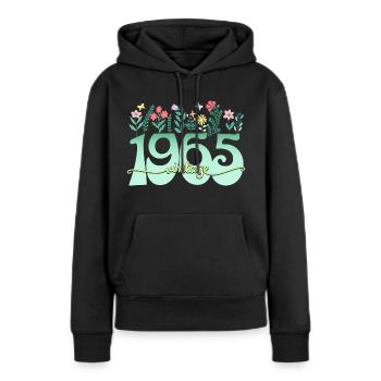 Motif Fleurs 1965 Fête Anniversaire Femme 60 Ans - Sweat à capuche Premium bio Femme - noir - Devant - Julia (174cm)